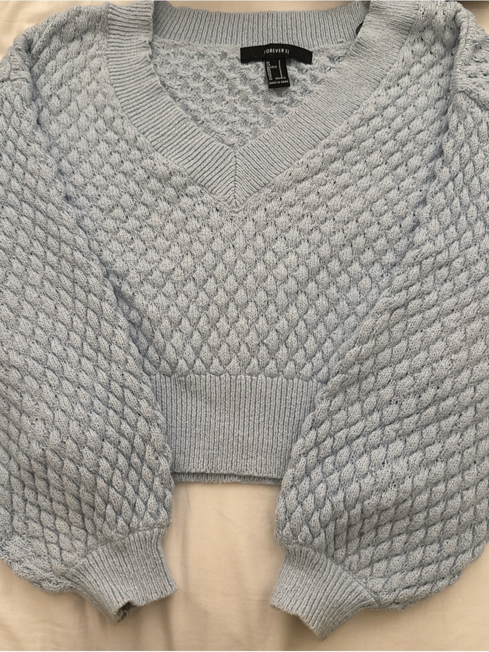 Forever 21 Light Blue Cable Knit V-Neck Cropped Sweater